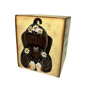 Hand-Painted Wooden Tissue Box Cover Dog With Daisies Folk Art Cottagecore Decor